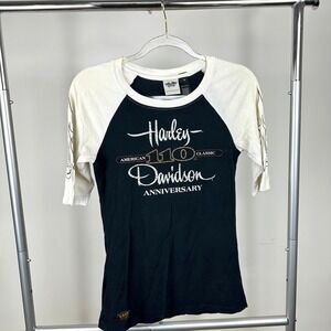 Harley Davidson Women's 110th Anniversary Raglan Tee S Rhinestone USA ¾ Sleeve